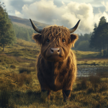 A portrait of a Highland cow in the foreground, with an open glen, forest, and grassy hills in the background. The image has a cinematic quality, created using Octane Render and Unreal Engine. The fur is highly detailed, and the cow has big, expressive eyes. The depth of field creates a pleasing bokeh effect. --v 6.1 Job ID: bd40f0a2-c6db-4912-9f67-e812db68e090の素材