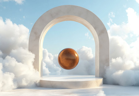 A podium with an arched backdrop, a brown sphere floating on clouds in the foreground, a light beige and sky blue color scheme, a minimalist stage design, a product display platform, a C4D rendering, in shades of light gold and white, in tones of light pink and gray. --ar 22:15 --v 6.1 Job ID: 190b7d10-dc00-4f60-980e-978aeb8627f2の素材