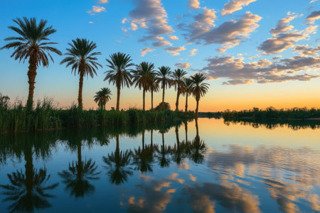 A serene landscape of the Orange, "the Orange River" in the style of Monet, where palm trees line its banks and reflections dance on the calm waters at sunset. The sky is painted with hues of blue and white clouds that form intricate patterns above the water's surface. In the background, distant vegetation includes acacia trees and tall grasses. A small island can be seen near one side, adding an element of mystery or romance to the scene. This tranquil setting captures nature's beauty and tranquility. --ar 3:2 --v 6.1 Job ID: 0d3bd8f1-6b64-4793-a945-62ffd67b5b88の素材
