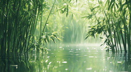 A serene background with lush green bamboo stalks and water reflections, symbolizing tranquility and nature's beauty. The bright sunlight creates a soft glow on the leaves of fresh mint greens, adding to its peaceful ambiance. This image is perfect for creating calming or zen-inspired designs, ideal as an art print, wallpaper, banner, cover photo, or design element. --ar 9:5 --v 6.1 Job ID: 2b9a0a69-4ab0-4c25-92db-92b5344c4188の素材