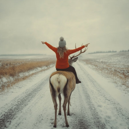 A photograph of a woman riding on the back of a deer, pointing to something in front of her. She is wearing a red sweater and a grey hat, sitting atop the deer's antlers while looking at the horizon on an empty road covered in snow, with a distant field in the background. This is a surreal, minimalist photograph. --v 6.1 Job ID: c1bbbf47-0d0e-4b9d-a8d5-ca2ec759d836の素材