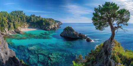 A panoramic view of the stunning coastline in Menorja, with clear blue waters and lush pine trees. The picturesque beach is visible on one side, while other parts show rugged cliffs and rocky shorelines. In front stands an old tree that adds to its natural beauty. Shot by Nikon D850 DSLR camera with an aperture setting of f/4.2, ISO speed set at 63, shutter speed 7 , rich colors, soft lighting, and natural style --ar 2:1 --v 6.1 Job ID: 5dc25e41-adbc-4f2e-8161-55b3238bb593の素材