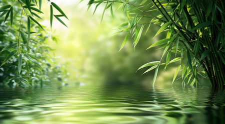 A serene and tranquil background featuring lush green bamboo shoots with water reflections, creating an atmosphere of calmness and natural beauty. The soft sunlight enhances the peaceful ambiance, adding to its overall tranquility. This backdrop is suitable for various design applications where nature's soothing visual elements have been thoughtfully incorporated. --ar 9:5 --v 6.1 Job ID: f63883a0-3c6d-4d28-9e00-b039632f6cbdの素材