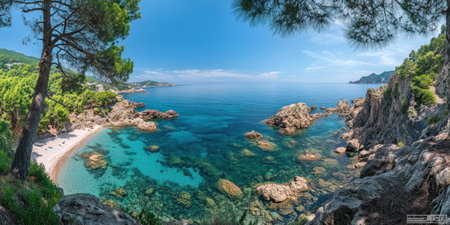 A panoramic view of the stunning coastline in Menorja, with clear blue waters and lush pine trees. The picturesque beach is visible on one side, while other parts show rugged cliffs and rocky shorelines. In front stands an old tree that adds to its natural beauty. Shot by Nikon D850 DSLR camera with an aperture setting of f/4.2, ISO speed set at 63, shutter speed 7 , rich colors, soft lighting, and natural style --ar 2:1 --v 6.1 Job ID: 5dc25e41-adbc-4f2e-8161-55b3238bb593の素材