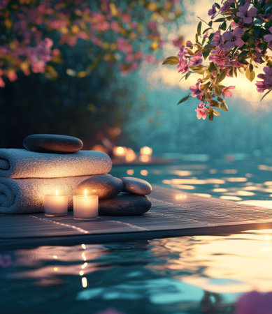 A serene spa scene in the style of photography, with massage stones and candles arranged on an outdoor mat, surrounded by blooming flowers. Soft lighting casts gentle shadows over the water, creating a tranquil atmosphere for relaxation. The natural light is used to highlight the textures of stone, plush towels, and vibrant blossoms. --ar 13:15 --v 6.1 Job ID: a05e43b8-0239-4499-9034-b3a326b4e855の素材