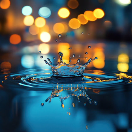 A photorealistic shot of a water splash in the night, with the reflection on a wet surface and a blurred background of city lights. The shallow depth of field, low-angle view, and macro lens create a serene atmosphere, with water droplets suspended above a calm puddle and its reflections. --v 6.1 Job ID: 3f83575a-eb99-4d5f-b9ea-b02d06b8187bの素材