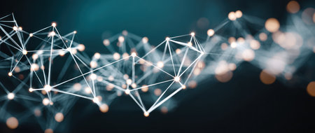 Abstract digital network with glowing nodes and connecting lines on dark gradient backgroundの素材