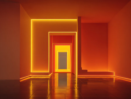 A geometric hallway features neon illumination, creating a sequence of doorways, warm hues, and reflectionsの素材