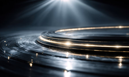 Illuminated, concentric rings with light trails against a dark, dynamic backgroundの素材