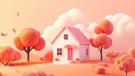 A simple, cute house, surrounded by clouds and trees, is depicted in an illustration style with pastel pink and orange colors. The background color of the scene has soft peach hues. A three-dimensional icon design that blends vector art elements creates a flat appearance. It features 3D rendering techniques, using Cinema 4D software for modeling, rendered using a smoky gray material, with a minimalist aesthetic. This is a simple, rounded-corner design in the style of 20-style illustrations. --ar 53:30 --v 6.1 Job ID: 8357b629-6a03-4873-a91a-f98b563f38f5の素材