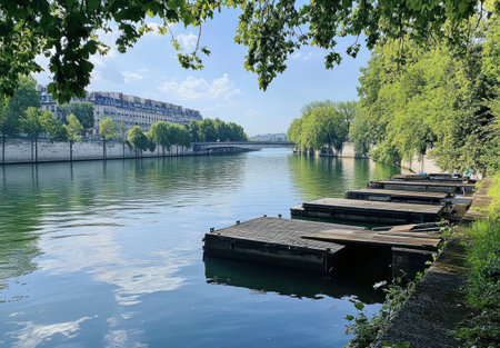 A serene scene of the Seine River in Paris, surrounded by lush greenery and trees, with wooden dock areas for visitors to enjoy the peaceful atmosphere. The water is calm and clear, reflecting the surrounding nature. --ar 22:15 --v 6.1 Job ID: 43e4fd1a-3c7b-4f3e-aa7c-75e7f7a6f7dcの素材