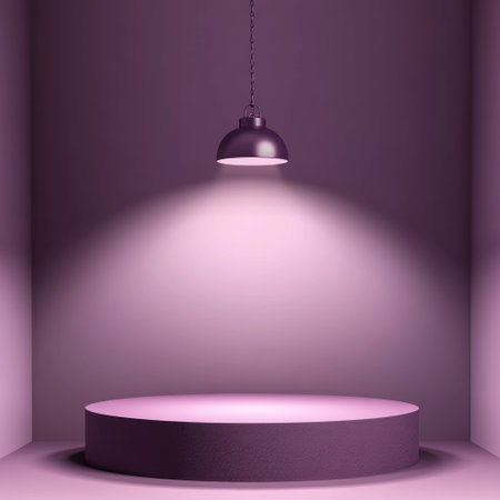 A purple podium with a hanging lamp on top, set against a solid background. The podium is simple and minimalistic in design, creating an elegant atmosphere for product display or presentation use. This scene has soft lighting that highlights the pink color of both the stage and ceiling, adding to its overall beauty. There is no text visible inside the space. --v 6.1 Job ID: 2b0e3e1f-3089-4c24-8714-48275b9589dfの素材