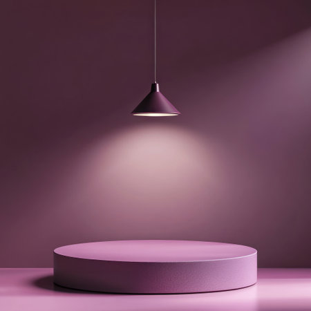 A purple podium with a hanging lamp on top, set against a solid background. The podium is simple and minimalistic in design, creating an elegant atmosphere for product display or presentation use. This scene has soft lighting that highlights the pink color of both the stage and ceiling, adding to its overall beauty. There is no text visible inside the space. --v 6.1 Job ID: 22d75d8c-73a4-42a5-9860-ff02f68be79eの素材