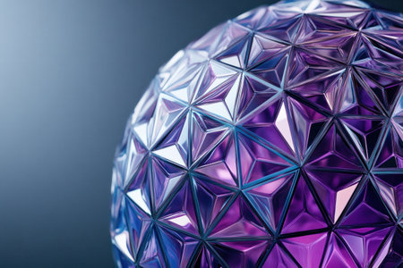 A sphere composed of triangles, rendered in Cinema 4D with purple and blue gradients. The design is minimalist, with the triangle pattern arranged to create an abstract geometric form that resembles both organic shapes and architectural structures. It's a three-dimensional rendering on a dark gray background, giving it depth and contrast. --ar 3:2 --v 6.1 Job ID: f7c3f324-2204-4d61-986c-7613e17db77aの素材