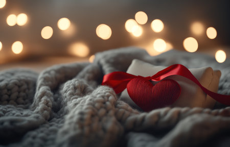 A Valentine's Day gift with a red ribbon and heart, placed on soft fabric in front of bokeh lights. The background is a light gray color with copy space for your message or text. A knitted blanket adds warmth to the scene. This stock photo highlights the romantic theme with a focus on coziness and elegance. It creates an atmosphere suitable for conveying love through digital marketing materials or social media posts. This ultra-realistic photograph was captured using a high-resolution 3D render with a Canon EOS-5D Mark III camera and EF lens. --ar 47:30 --v 6.1 Job ID: d40c6062-2ba2-4e65-bcc0-a57c7cd0e962の素材