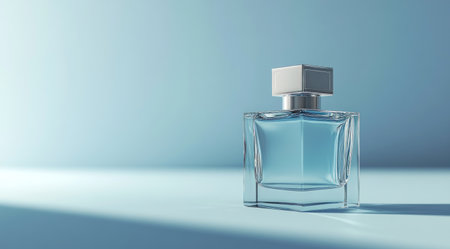 A simple glass perfume bottle with a square shape, square cap, and chrome finish, on a light blue background. This is a product photography image with high resolution, high detail, hyper-realistic, photorealistic quality, created using Octane Render for 3D rendering. The image features volumetric lighting, natural lighting, and a studio shot with a wide-angle perspective, resulting in a high-quality, high-definition, and hyper-detailed, hyper-photorealistic appearance. --ar 128:71 --v 6.1 Job ID: 1ce590c6-1661-4269-bedb-4c13284e1113の素材