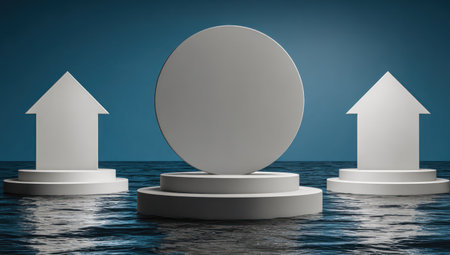 Abstract 3D composition with a central circle and flanking house-shaped forms on waterの素材