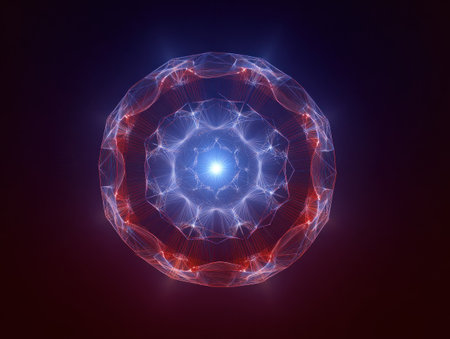 Abstract sphere with a central light source, surrounded by intricate glowing patternsの素材