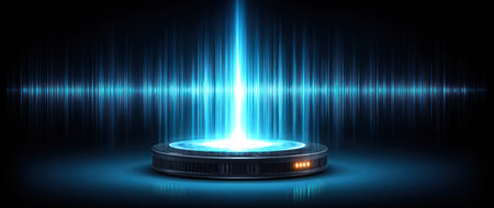 A glowing blue light emanating from a cylindrical platform with sound wave patterns in darknessの素材
