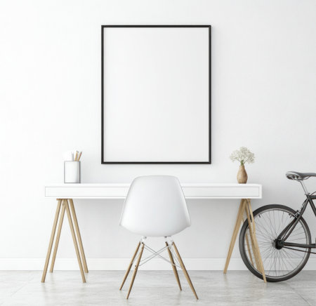 A white wall with an empty poster frame, a modern desk, and a bicycle in the background. A simple, minimalist, white room interior. Close-up, high-resolution photography, high quality. --ar 31:30 --v 6.1 Job ID: 67df04dc-2b34-449e-a102-e7955018c8c6の素材