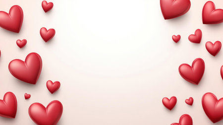 A Valentine's Day background with a pink gradient and scattered red hearts, perfect for creating romantic designs or adding love-themed elements to your projects. White space in the center of the composition for text or graphics. The heart shapes should be in shades of red, scattered around on both sides of an empty white area in the middle. This design is suitable for various applications like mobile app screens, web pages, social media post backgrounds, etc., in the style of vector style, flat design. --chaos 30 --ar 16:9 --v 6.1 Job ID: b0b2cebb-624a-49ff-bece-71a72efc4d2cの素材