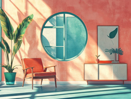 A vibrant interior design scene with walls painted in warm coral and teal, featuring large windows that let the natural light stream into an open space filled with modern furniture like an armchair or sideboard. The room is adorned with potted plants, adding to its fresh feel. A round window frames part of another wall, offering a visual contrast between two different colors and shapes. This composition creates a lively atmosphere within a home where color play adds energy and vibrancy. --ar 4:3 --v 6.1 Job ID: 9b232bcd-2477-485a-8654-9ceb45aa2674の素材
