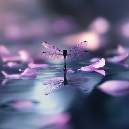 A tiny dragonfly with delicate wings, reflecting on the calm surface of the water, surrounded by scattered petals. Minimalistic photography with soft, elegant lighting and high levels of detail, in the style of black and purple. --v 6.1 Job ID: e105e0d7-f6a2-428d-867e-c429e3bf01cfの素材