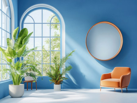 Minimalist interior design of a modern living room with blue walls, window frames, and arched doorways. Plants in pots on the floor, an armchair near the wall, and a round mirror above it. Modern furniture near the large windows. Hyper-realistic, ultra-detailed. --ar 4:3 --v 6.1 Job ID: 82cf8617-2832-4211-9b47-e81bb898d4a1の素材