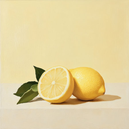 Oil painting of two lemons, one cut in half with leaves on the side, light yellow background, simple composition, still life, neutral colors, low-angle shot, side view, soft shadows, oil paint texture, realistic. --v 6.1 Job ID: 37273d89-30e0-4973-8be2-21257ce6a2efの素材