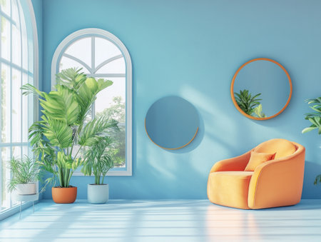 Minimalist interior design of a modern living room with blue walls, arched doorways and window frames, small round mirrors on the wall, large windows, indoor plants, high ceiling, a large armchair, and an empty space for text in the center. This 3D rendering illustration features a bright color scheme. --ar 4:3 --v 6.1 Job ID: 62d2085f-4b65-4049-902a-0c3e999176ddの素材