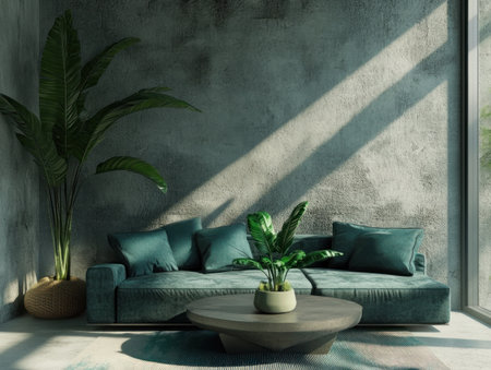Modern interior with a concrete wall, a gray and teal sofa set, a coffee table on the floor, and green plants in a pot near the window. Minimalist home design with the texture of decorative stone, concrete walls, and natural light from the windows. Interior rendering. --ar 4:3 --v 6.1 Job ID: 421557e5-126f-41c4-9027-65da939db5efの素材
