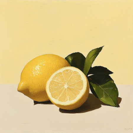 Oil painting of two lemons, one cut in half with leaves on the side, light yellow background, simple composition, still life, neutral colors, low-angle shot, side view, soft shadows, oil paint texture, realistic. --v 6.1 Job ID: 37273d89-30e0-4973-8be2-21257ce6a2efの素材