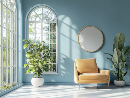 Minimalist interior design of a modern living room with blue walls, arched doorways and window frames, small round mirrors on the wall, large windows, indoor plants, high ceiling, a large armchair, and an empty space for text in the center. This 3D rendering illustration features a bright color scheme. --ar 4:3 --v 6.1 Job ID: fc2f468f-1a62-44af-a3f4-22da73eab7ebの素材
