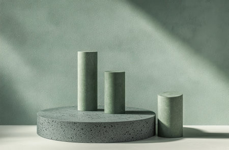 Abstract minimal green background with a podium for product presentation, a mockup of round tubes and a cylinder pedestal stand on a light pastel wall, a flat lay composition, a 3D rendering illustration, with no text or words in the center. --ar 23:15 --v 6.1 Job ID: 069fbe9e-779b-4808-80e5-f99623f632ecの素材