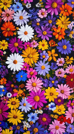 A vibrant pattern of colorful wildflowers, including daisies and cosmos, in full bloom against a dark background. The flowers have bold colors like purple, yellow, pink, orange, and blue, with detailed petals that give the impression they could be real, arranged to create a dense floral tapestry. This design would make for a stylish fabric or wallpaper with its rich color palette and intricate details. --ar 71:128 --v 6.1 Job ID: a8878f49-6a0f-4a45-a946-4cabd09e6ed2の素材