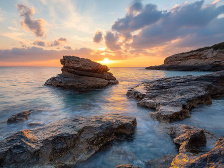 Photograph the iconic Esrosa Island at sunset, with its rocky silhouette against the backdrop of tranquil waters and lush greenery in Ibiza's Blue Island nature park. Use a wide-angle lens and natural lighting. --ar 4:3 --v 6.1 Job ID: bf65b139-142a-48b0-a5ba-eff8700189f0の素材