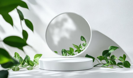 Minimalist stage background with a white cylindrical podium and a circular mirror, with green leaf decoration for a cosmetic product presentation mockup design template. Flat lay view, ultra-realistic photography. --ar 17:10 --v 6.1 Job ID: 8d3855f4-981f-46e0-84da-dc0e654068d4の素材
