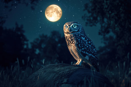 Owl in the moonlight, photorealistic landscapes, realistic detail, National Geographic-style photography, full-body portrait, night scene, moonlit sky, moon above the owl's head. --ar 3:2 --v 6.1 Job ID: c75a76bb-8093-47cf-8fb2-ca8683329a53の素材