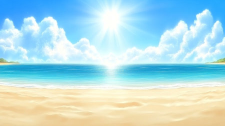 Beautiful summer background with sand and blue sea water, a panoramic banner for vacation on the beach in bright sunlight. The concept of relaxation at a seaside resort. --chaos 30 --ar 16:9 --v 6.1 Job ID: 9e06e36f-24b7-4434-ad9d-43b417e442a7の素材