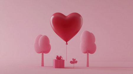 Paper art-style illustration of a heart-shaped balloon flying with a gift box and trees on a pink background for a Valentine's Day celebration. Vector illustration, in the style of light red and pink color schemes, minimalist backgrounds, flat illustrations, solid colors, simple shapes, cute cartoonish designs, paper cutouts, minimalistic backgrounds, simple designs, minimalistic designs, cute, adorable. --chaos 30 --ar 16:9 --v 6.1 Job ID: e2592511-2eb9-46ed-bd0a-1313ee479f87の素材