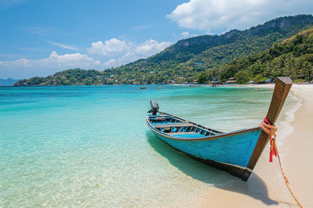 Photo of a blue fishing boat on the clear waters near a crystal-clear turquoise water with a white sandy beach and a calm sea, taken by a Canon EOS camera using a wide-angle lens at an f/8 aperture setting. --ar 3:2 --v 6.1 Job ID: ad558916-7af3-4c42-9fff-53f44ede7fd5の素材