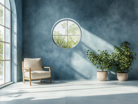 Modern interior design of the living room, with blue walls and arched windows. There is an armchair on one side near two planters containing green plants. The floor in front has large tiles. A circular window hangs above the sofa. Minimalist style. Realistic photography, high resolution. --ar 4:3 --v 6.1 Job ID: b4ce3a18-6503-44cf-8610-c744e0df8035の素材