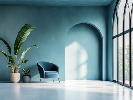 Modern interior design, with cyan blue walls and ceiling, a large window with black frames, arched doorways, plants in pots on the floor, an armchair near the wall, all in a minimalist style. --ar 4:3 --v 6.1 Job ID: 9e80c8e0-6bb7-4291-8d69-11f1cde2d9faの素材