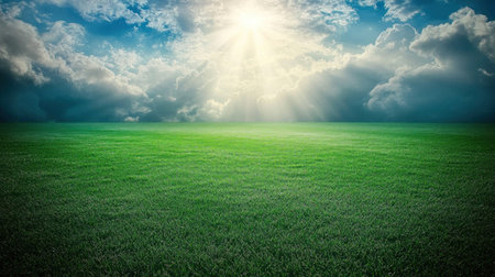 Photorealistic photograph of the interior view from inside a large soccer stadium with a grass field, blue sky, and sunlight shining through clouds. The shot is taken from a high angle, with sharp focus on the foreground grass and a blurred background. The image was captured using a Sony Alpha A7 III camera with an f/4 aperture setting to capture details and depth in each frame. --chaos 30 --ar 16:9 --v 6.1 Job ID: 6ed309f2-a193-4869-8bd7-b86205797b38の素材