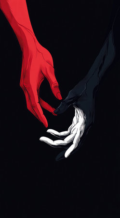 Minimalist illustration of two hands reaching towards each other. One hand is red, and the second is dark black with white skin, in the style of anime. The background is dark. --ar 71:128 --v 6.1 Job ID: d1703edf-c3fe-4482-880d-d42aea09c3f0の素材