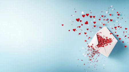 An open envelope with red hearts flying out of it on a light blue background, a Valentine's Day concept. A simple studio setting with soft lighting. A photo taken using a Canon EOS camera, an over-the-shoulder shot, a full-body shoot, and realistic skin texture. --chaos 30 --ar 16:9 --v 6.1 Job ID: 9a35f939-de34-43e5-adad-ee179c826c32の素材