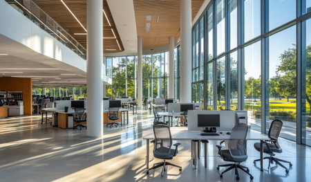 Modern open-plan office interior with white columns and panoramic windows, featuring desks for employees and chairs on the floor, creating an atmosphere of spaciousness and bright lighting. --ar 17:10 --v 6.1 Job ID: e49d2934-7f17-4ad8-9fa6-549644554c1aの素材