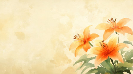 Ornate painting style, orange lilies on a beige background, high definition, high resolution, high detail, watercolor, in the style of Chinese ink wash painting, simple lines and shapes, simple illustration style, high quality, high detail. --chaos 30 --ar 16:9 --v 6.1 Job ID: 6f7d1db4-b092-4bbb-bd97-f369a01e3b98の素材