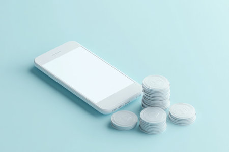 A white mobile phone with the screen open and a stack of coins next to it, simple background in light blue color, isometric style, 3D rendering, created in C4D and Blender using the OC renderer, with bright colors, high-resolution details, and a high-gloss finish. --ar 3:2 --v 6.1 Job ID: 9de8fb79-b5af-4549-a0e3-12ce2c604293の素材