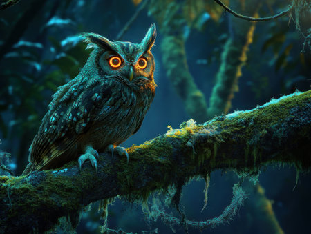 Photo of an olive-colored screech owl in the rainforest, its brown plumage contrasting with moss-covered branches at night, eyes glowing orange as it perches on an old tree branch. --ar 4:3 --v 6.1 Job ID: 840b5c55-8557-4e2c-baae-d0e41ddaa6ebの素材